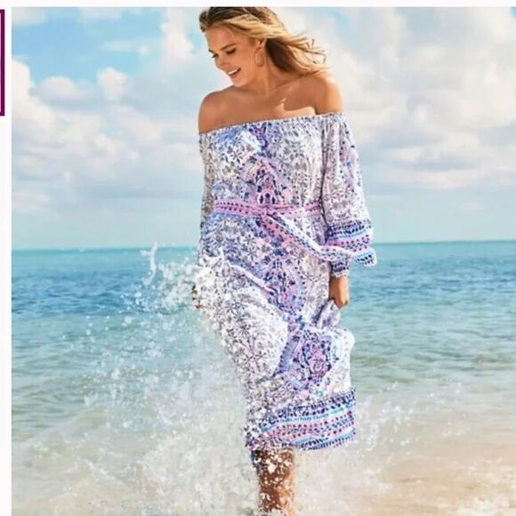 NEW Lilly Pulitzer ABIGALE OFF THE SHOULDER MIDI DRESS White Time To Shine SZ M - Picture 2 of 14